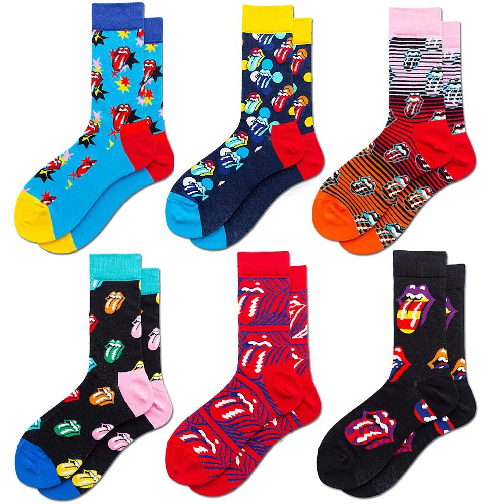 Забавные носки с принтом в виде рта и языка мужские Разноцветные полосатые