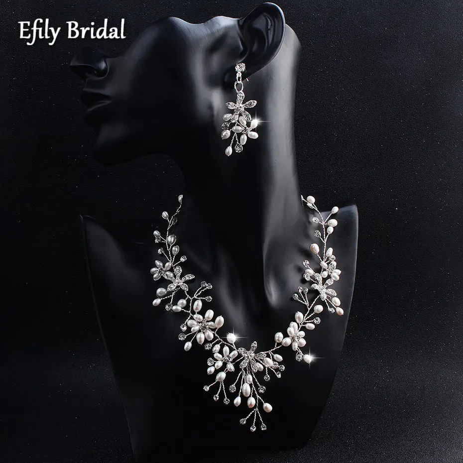 

Efily Свадебный комплект из ожерелья и сережек ручной работы с цветком жемчугом для женщин ювелирные изделия с кристаллами для невесты аксесс...