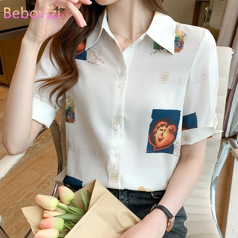 

S-XXL New 2021 White OL Turn-down Collar Summer Casual Short Sleeve Button Up Tops and Shirts for Women Office Lady Work Clothes