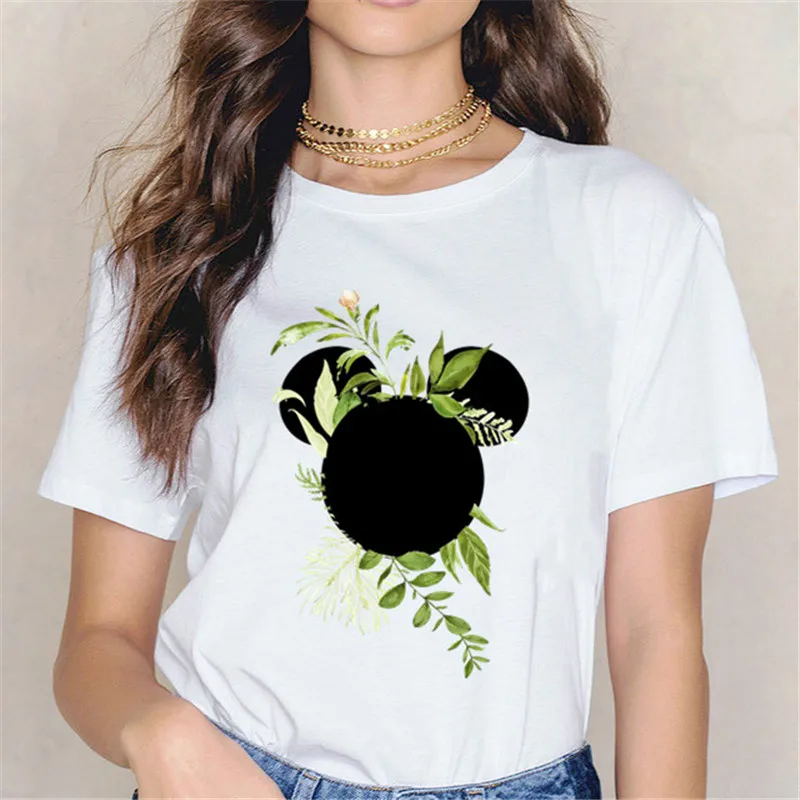 Kawaii женская футболка с цветочным принтом мультяшными ушками Повседневная одежда
