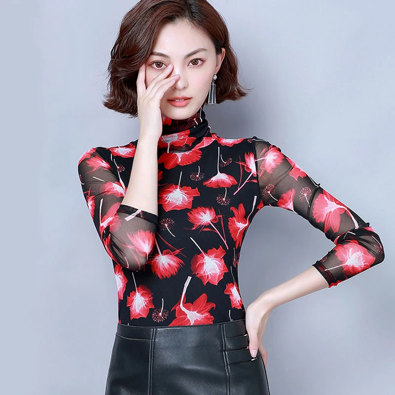 

Кружевная Водолазка женская, повседневная, с цветочным принтом, с длинным рукавом, DD8091, весна-осень, женские блузки рубашки