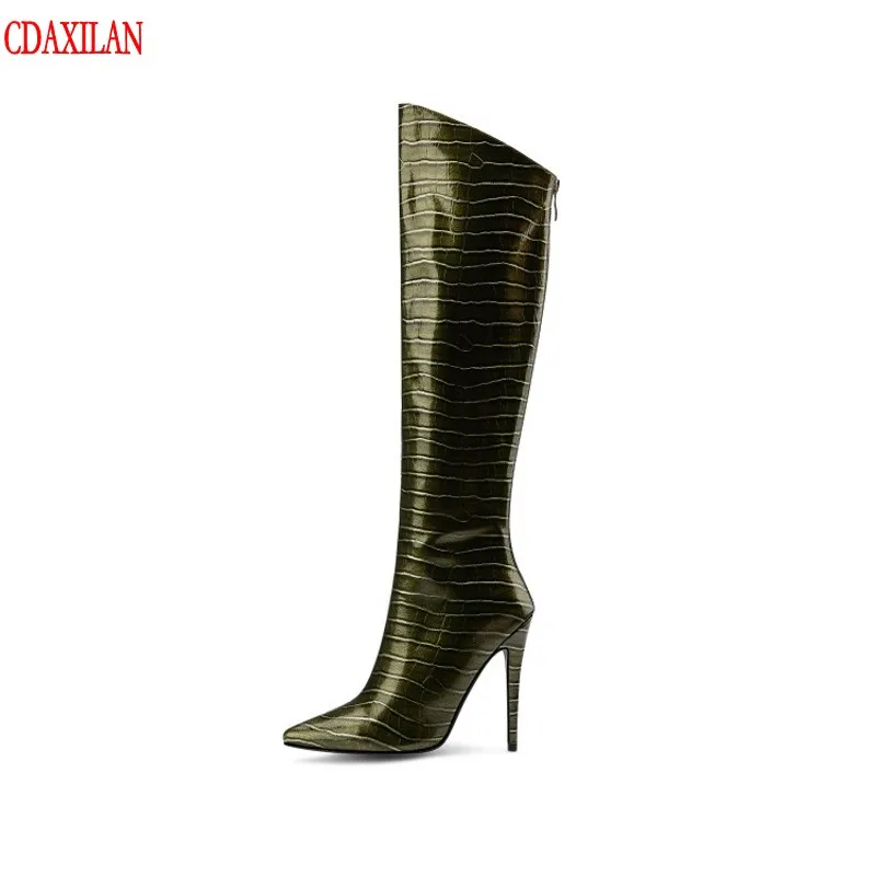 

CDAXILAN new to knee-high boots sexy thin women patent leather pointed toe super high-heel side zipper ridding equestain