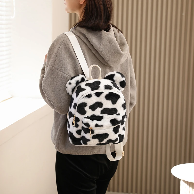Cow Print Mini Backpack For Women 2021 Bear Ears Plush Backpack Chessboard Fur Shoulders Bag Plaid Furry Bagpack Cute Fluffy Bag