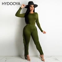 women clothing two piece set 2021 autumn winter women solid long sleeve crop top and tassel slim pencil pants suits tracksuits
