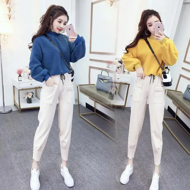 

Женский осенне-зимний спортивный костюм 2021, Женский свитшот с длинным рукавом и штаны на шнурке, Новый Повседневный Свободный пуловер, спор...