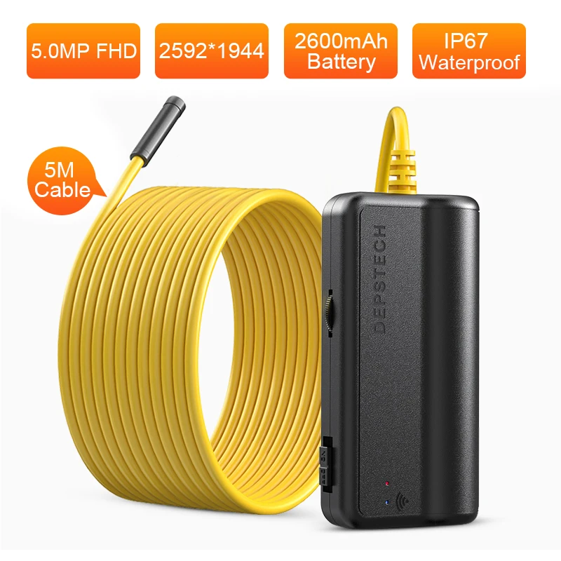

5MP FHD Wireless Endoscope Camera IP67 Waterproof WiFi Borescope Inspection Camera for Android iPhone iOS With 6 Leds