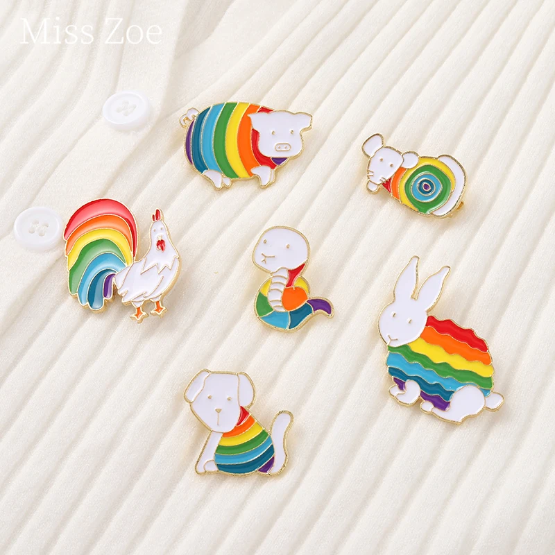 

Zodiac Animal Enamel Pins Custom Rainbow Caterpillar Chicken Rabbit Snake Brooches Bag Lapel Pin Badge Jewelry Gifts For Unisexs