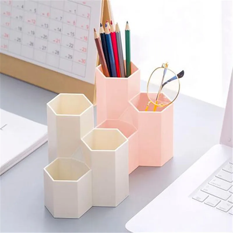 

Creative Hexagonal 3 Grid Pencil Holder Pen Storage Case Multi-function Desktop Office Stationery Plastic Box Organizer