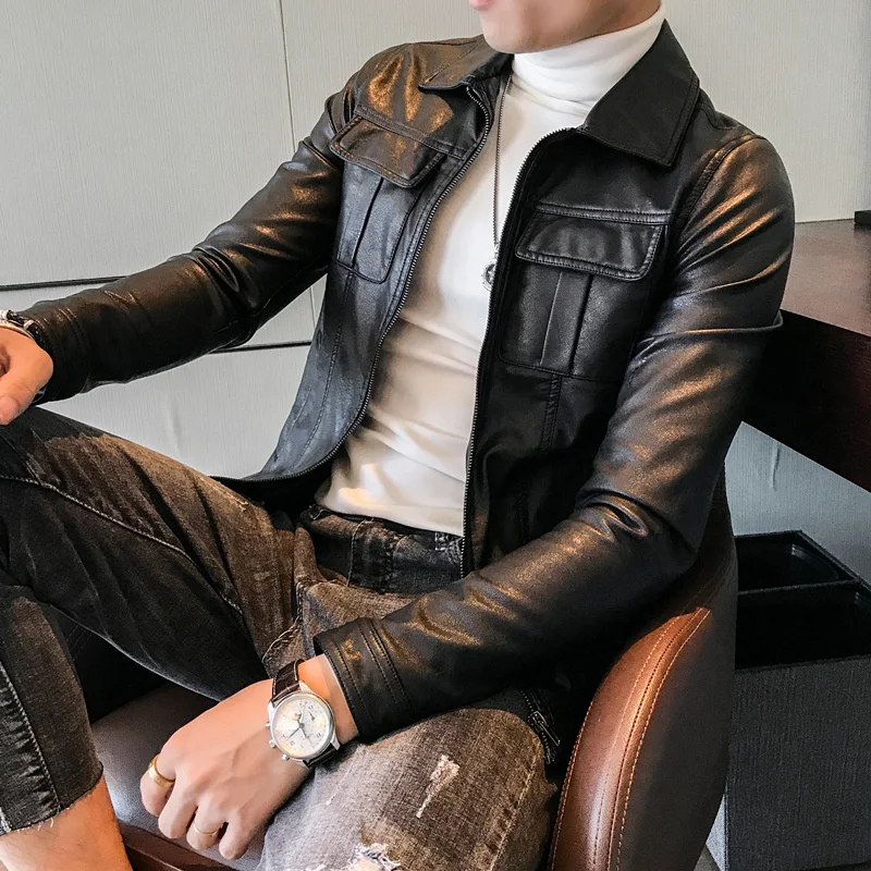 

Men's Autumn New Fashion Slim Motorcycle Jackets Male Faux Leather Outwear Men Solid Color Casual PU Leather Coats O493