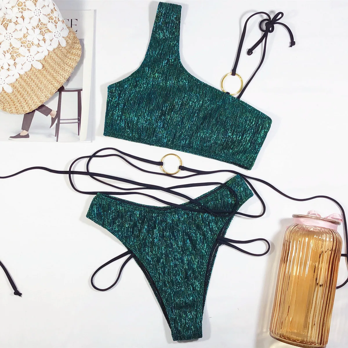 

Imayio Two Piece Swimwear Shiny Bikini Set Bandage High Waisted Beachwear