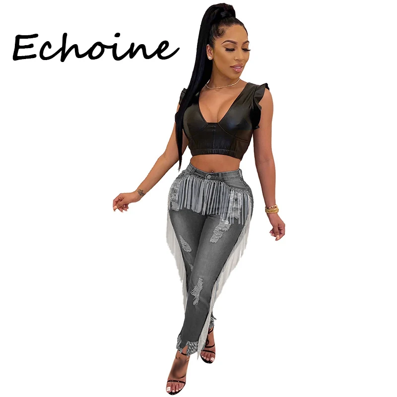 Модные джинсы женские длинные джинсовые штаны с бахромой потертые обтягивающие