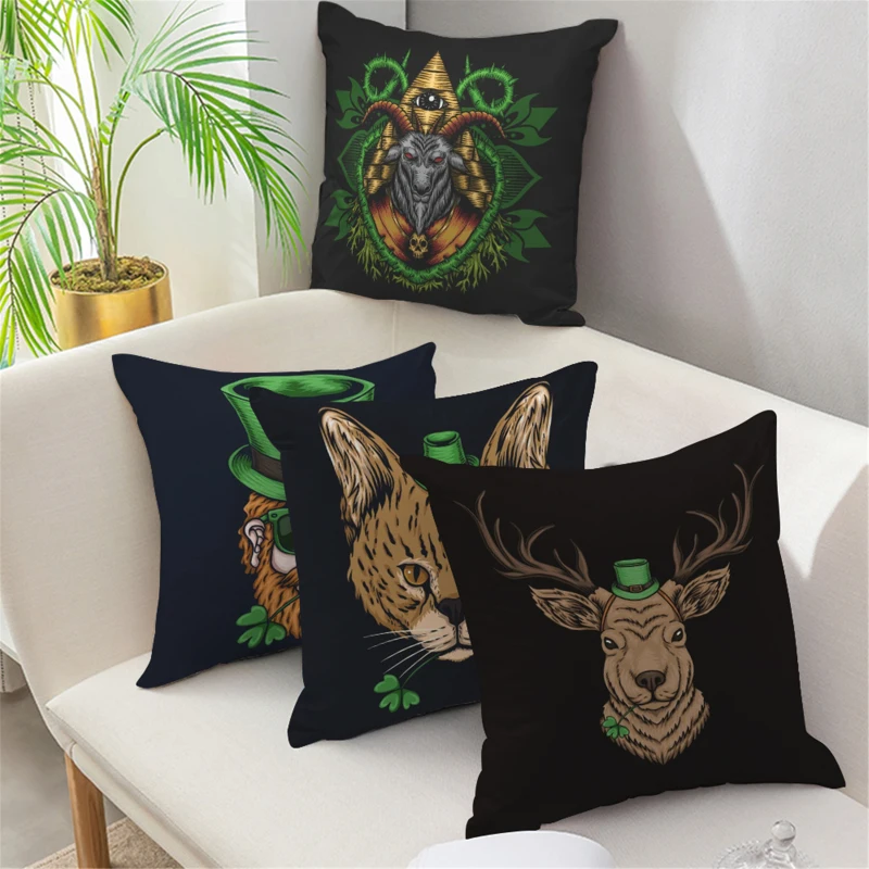 

Green St. Patrick's Day Decorative Pillow Cases Cartoon Animal Dog Elk Monkey Pillow Covers For Living Room Home Sofa Pillows