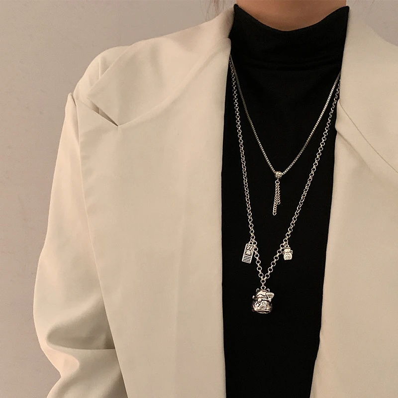 

Модное Двухслойное металлическое ожерелье INS с подвеской в виде кошки-удачи в Корейском стиле, простое персонализированное длинное ожерель...