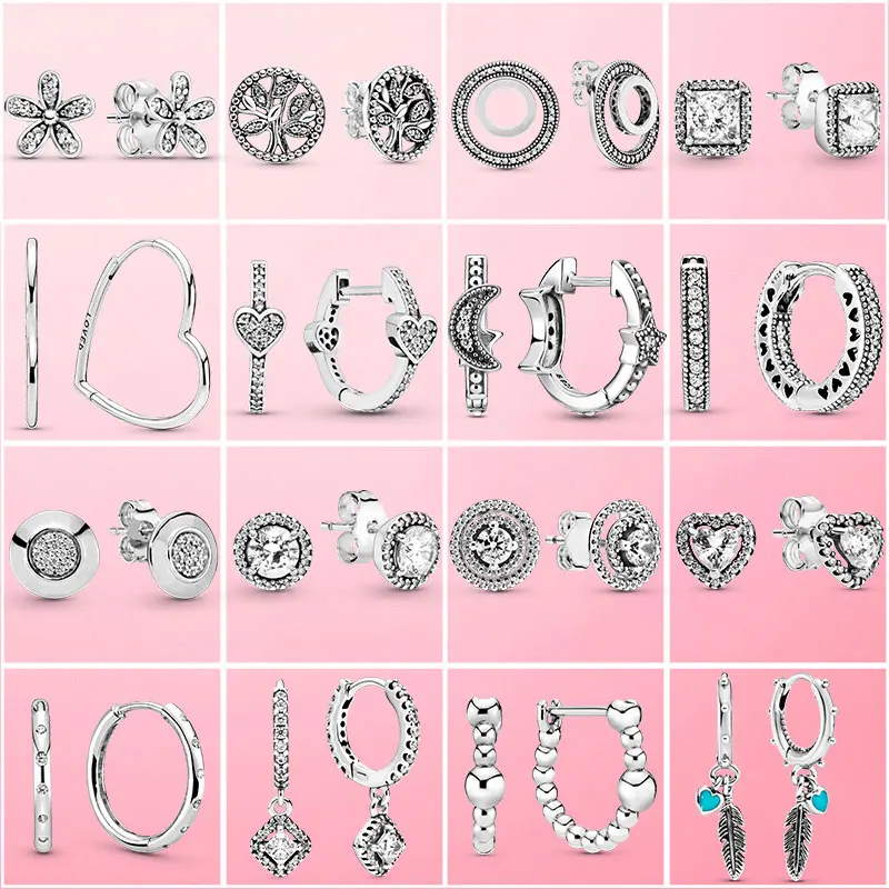 

925 Sterling Silver Heart CZ Cubic Zircon Round Daisy Flower Trio Stud Earrings For Women Silver S925 Original Fashion Jewelry