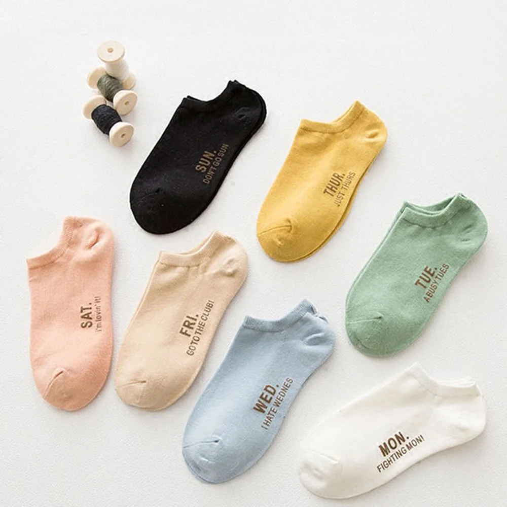 7 Pairs Pack Women Everyday Socks Monday Sunday Week Day Casual Sports Dress Short Ankle No Show Invisible Boat Socks Low Cut