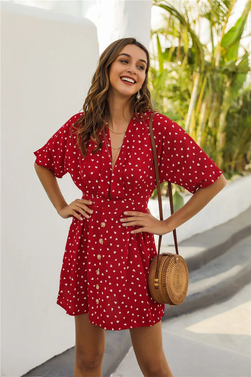 

New Fashion Backless Dot Chiffon Short Sleeve Beach Dress Women Casual Boho A-Line Summer Dress V-Neck Slim Vestidos Robe Female