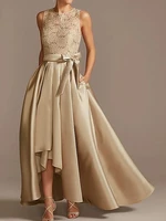 high low champagne mother of the bride dress bow plus size elegant vintage top lace ankle length satin 2021 groom party gown