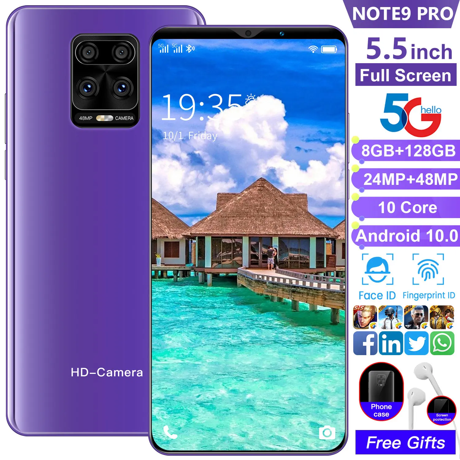 

Hot Sale Note9 Pro Smart Phone 3G 4G 5.5 Inch 8+128GB Deca Core Andriod 10.0 MTK6595 Fingerprint ID 4800mAh Dual SIM Cellphones