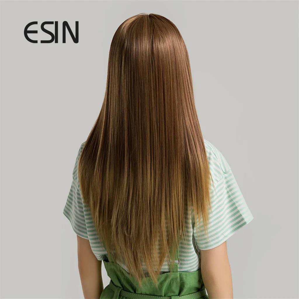 ESIN Blonde Brown Long Straight Wig with Air Bangs Daily Natural Synthetic Wigs for Women Heat Resistant Hair |