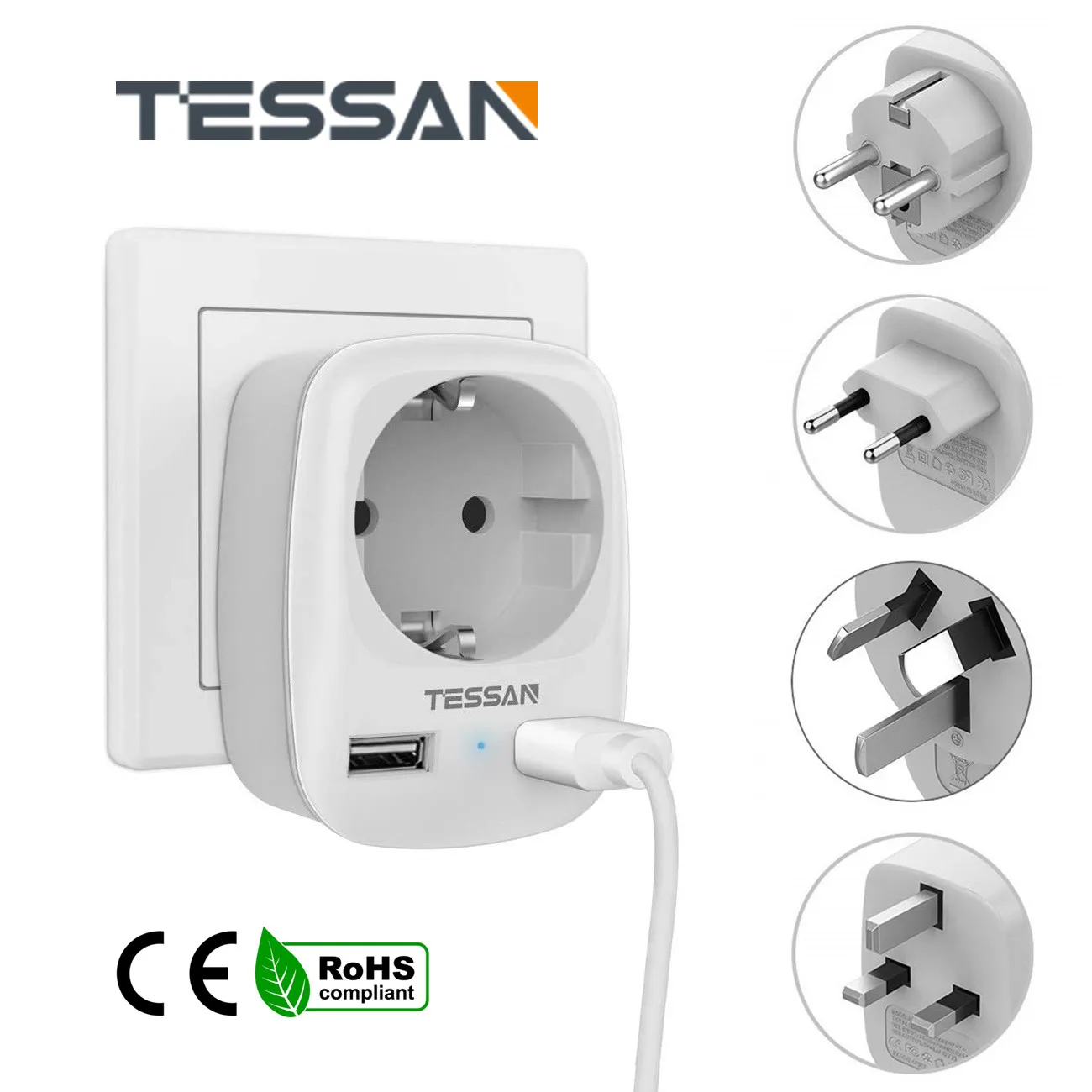 

TESSAN Mini Size International Travel Plug Adapter with 1 Outlet 2 USB Ports 5V/2.4A Portable EU/DE/UK/US/AU Plug Wall Charger
