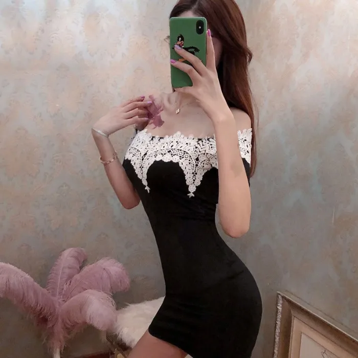 

Lace Up Summer Bodycon Dress Women's Clothing Off Shoulder Black Slash Neck Sexy Party Mini-dresses Fashion Vestido De Festa New