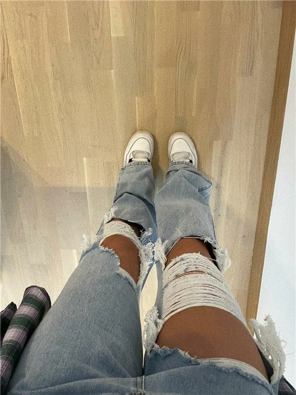 

Female Ripped Jeans, High Waist Hollow Out Trousers Straight-Leg Pants for Spring Summer Fall, Light Blue, XS/S/M/L