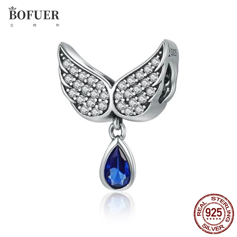 

Authentic 925 Sterling Silver Angel Wings Pendant Charm Fit Original Pandora Bracelet Necklace Dark Blue Crystal Dangle Jewelry