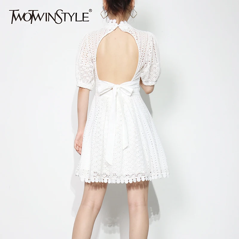 

TWOTWINSTYLE Lace Up Backless Dress For Women Stand Collar Short Sleeve High Waist Hollow Out Dresses Female Fashion New 2021