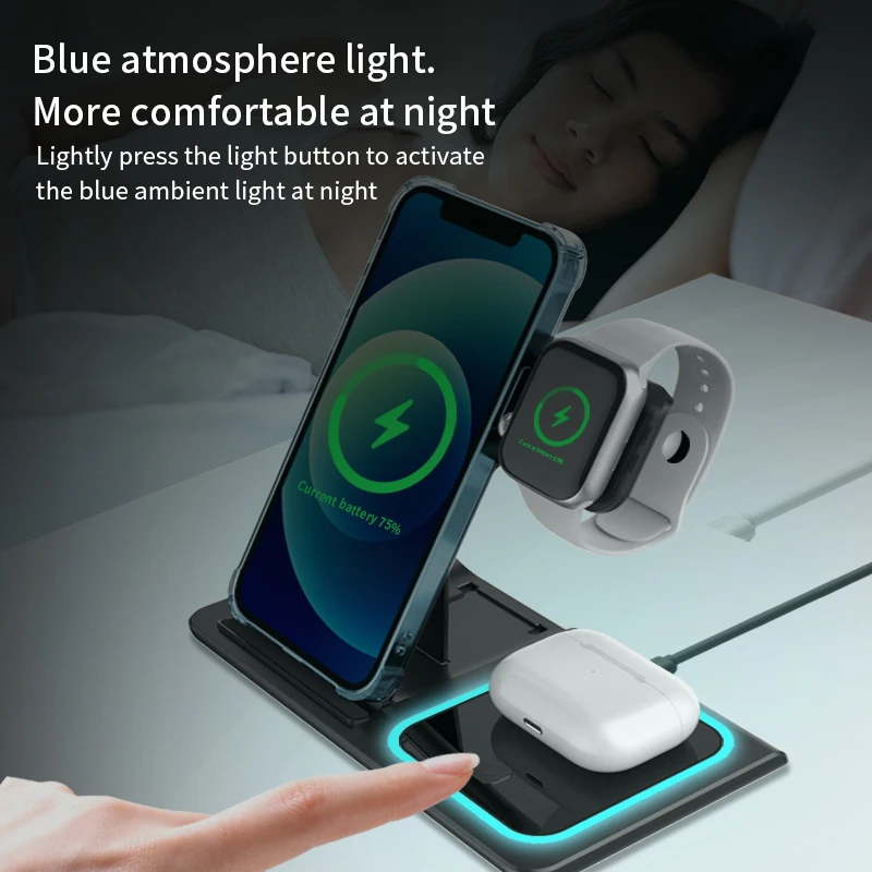 

For Airpods Pro IWatch 15W Qi Fast Wireless Charger Stand For IPhone 11 12 X Apple Watch 3 In 1 Foldable Charging Dock Station