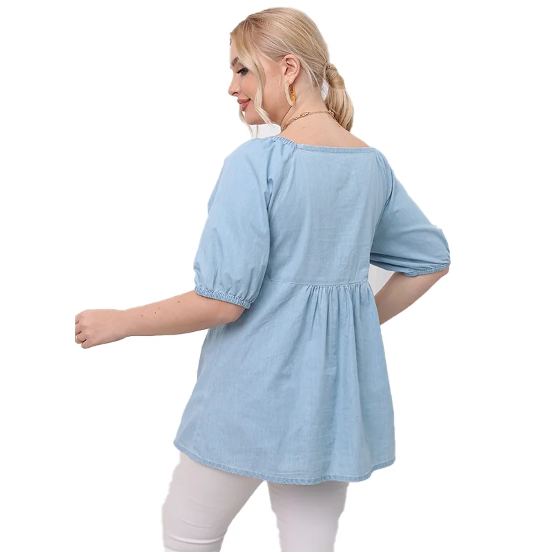 Square Collar Light Blue Plus Size Tops Women's Clothing New Short Sleeve Pure Color Shirring Loose Peplum Top Daily Casual Wear