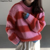 women pullover korean 21 autumn chic niche retro o neck contrast color stripe loose all match puff sleeve knit sweater