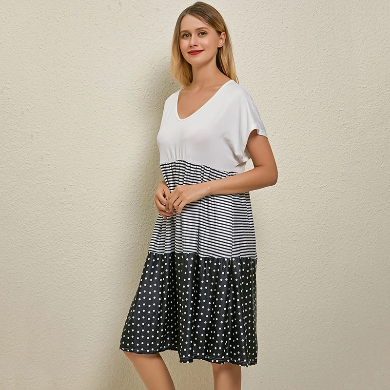 

Summer Ladies Dress Casual Fashion Short Sleeved V Neck Trend Printing Women Digital Stitching Beach Dress