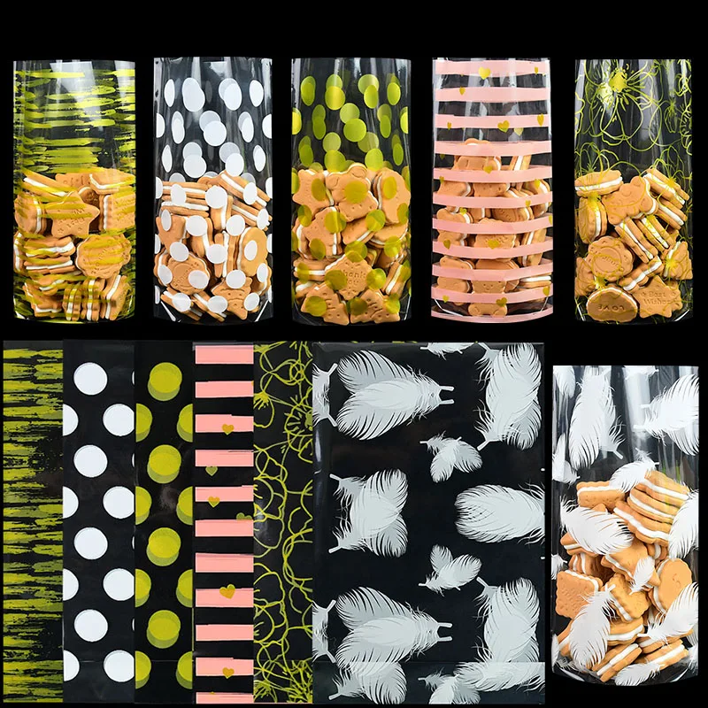 

50Pcs 13x21.5cm Cookie Bags Dot Striped Transparent Plastic Gift Bags for Wedding Party Bakery Candy Biscuits Packaging Wrapping