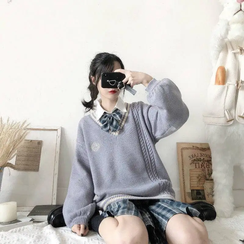 Sweet JK Uniform Pullover Sweater Korean V-neck Female Student Loose Outwear Japanese School College Style | Тематическая одежда и