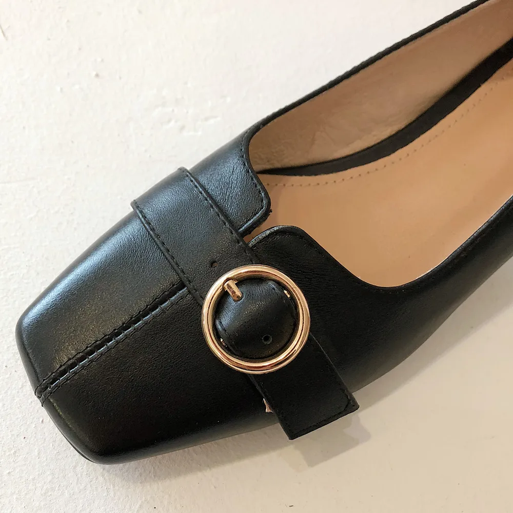 

Women's genuine leather metal buckle slip-on flats square toe female casual daily footwear retro soft comfortable shoes women