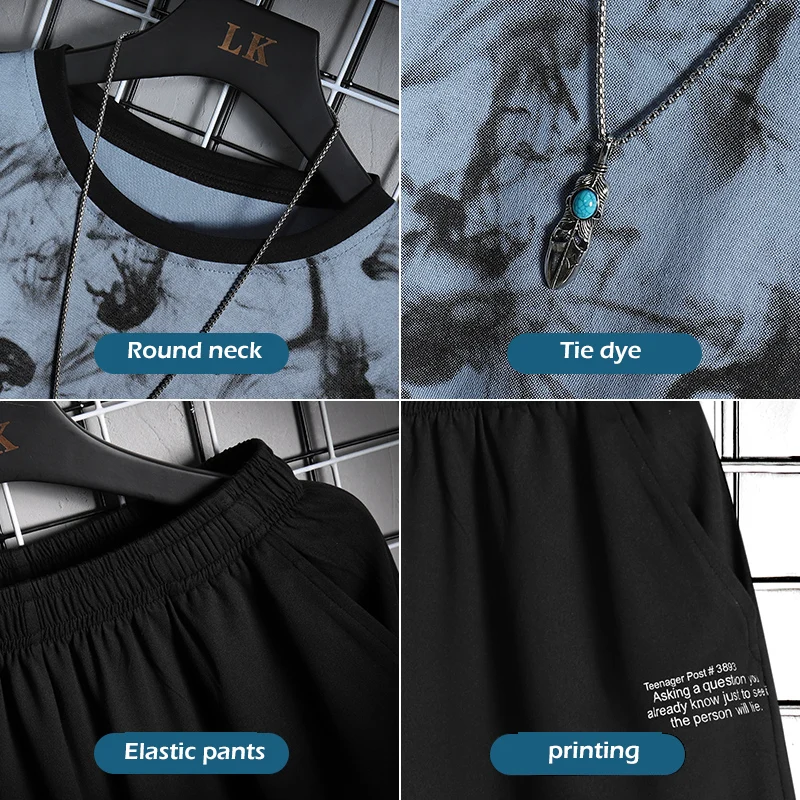 

Mens Summer Suit 2021 New Fashion Tie Dye O-Neck Short Sleeve + Printed Shorts Hip Hop Set Casual Tracksuit Men