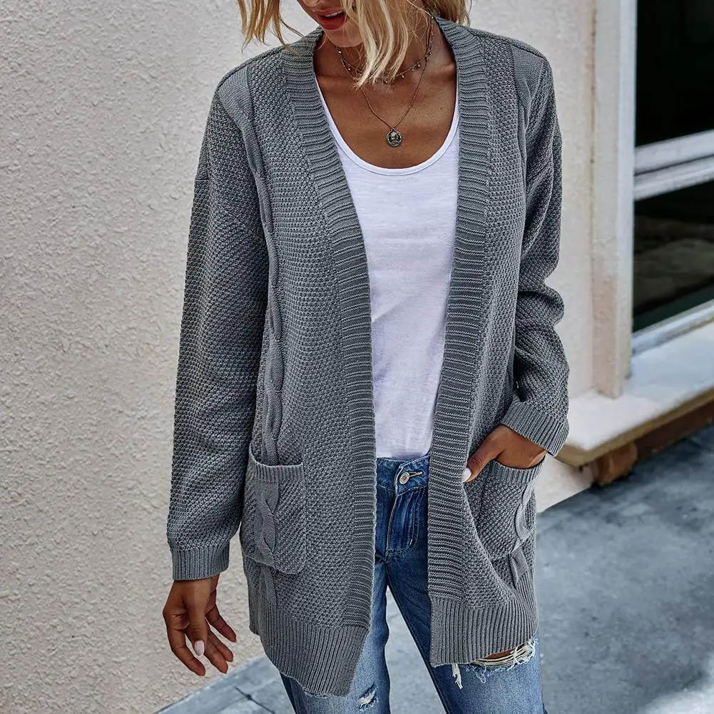 

Женская Осенняя трикотажная верхняя одежда, открытый передний однотонный длинный теплый кардиган, вязаный свитер, пальто
