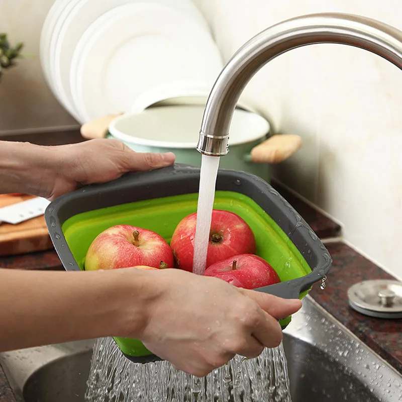 QDRR Foldable Fruit Vegetable Washing Basket Strainer Portabl Silicone Colander Collapsible Drainer With Handle Kitchen Tools | Дом и сад