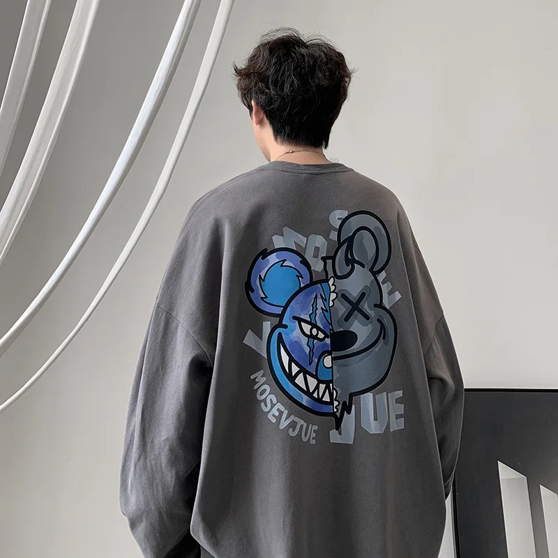 

QIWN Printing T-shirt Men's Long-sleeved Autumn Loose Casual Sweater Round Collar Bottoming Shirt Graphic T Shirts Anime Shirt
