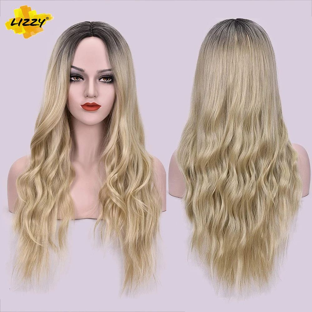 Long Wavy Synthetic Cosplay Wigs For Women Natural Middle Parting Dark Brown Platinum Blonde Hair Heat Resistant Fiber Daily Use | Шиньоны и