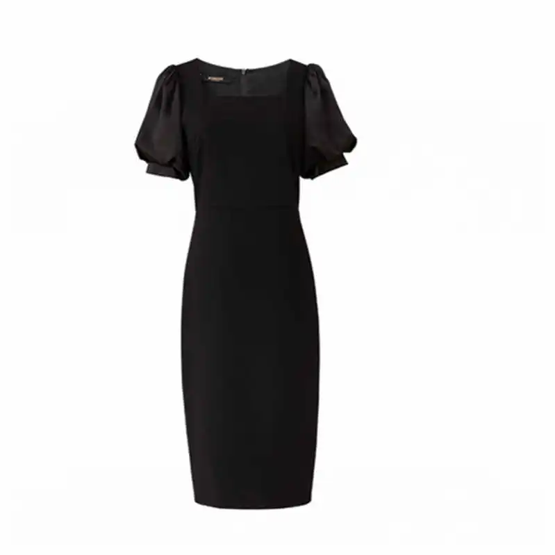 

Office Dress For Ladies Elegant Vintage Square Collar Solid Color 2021 Summer Elegant Lantern Sleeve Slim Fashion Pencil Dresses