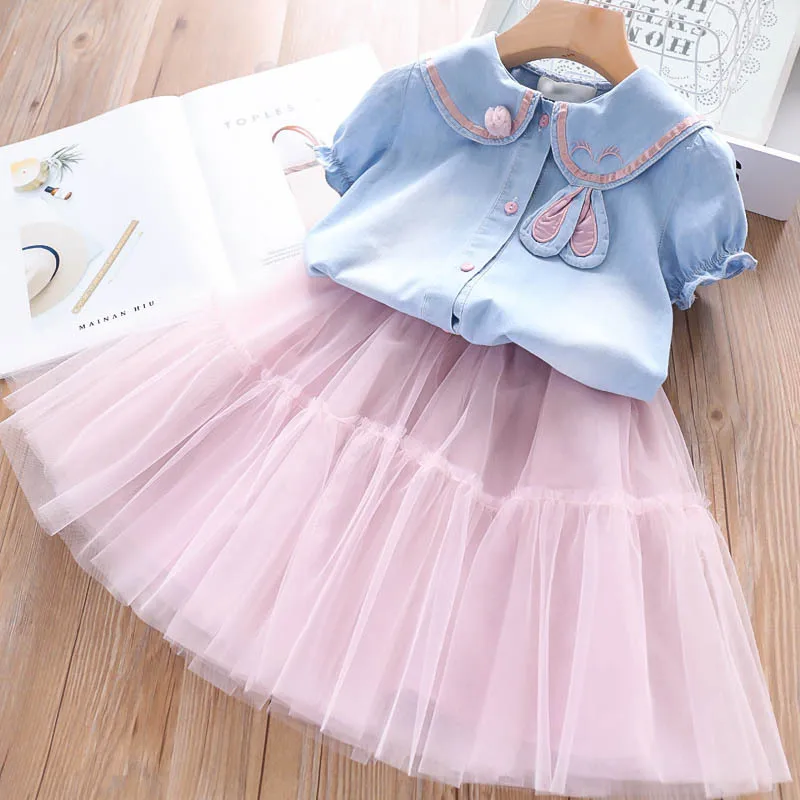 

New Children Clothes Set Tops Denim Blouse Puff Sleeve Skirts Tutu Clothes Kids Baby Summer Cute Set 2-7Y