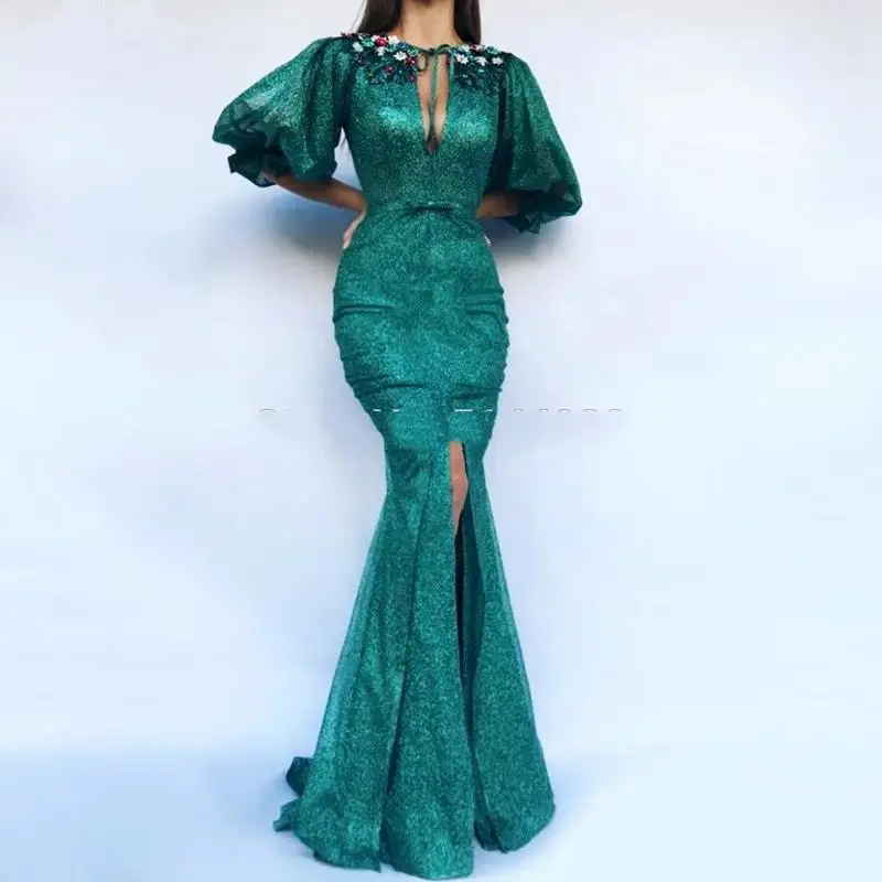 

Green Muslim Evening Dress Mermaid Half Sleeves Sequins Lace High Slit Islamic Dubai Saudi Arabic Long Formal Evening Gown Prom