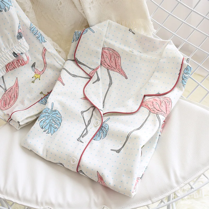 Women Cotton Homewear Pajamas Sets Long-Sleeved Trousers Ladies Pajamas Suit Flamingo Print Style Lovely Home  Wear ouc534