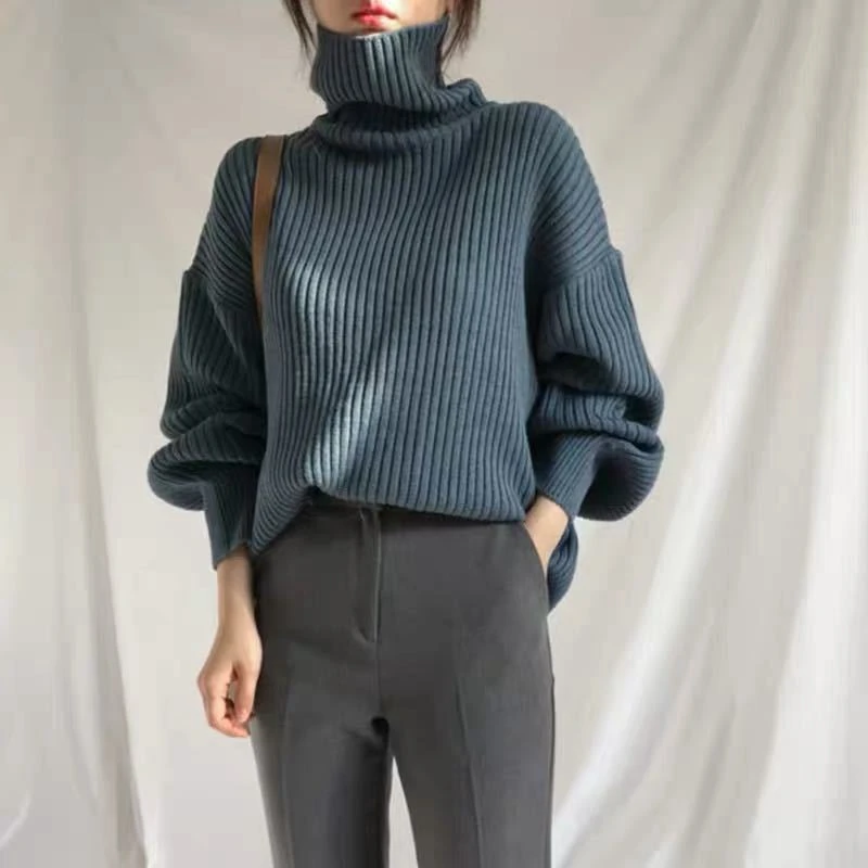 

Women's Fashion Casual Solid Color Loose Turtleneck Sweater Long Sleeve Knit One Size