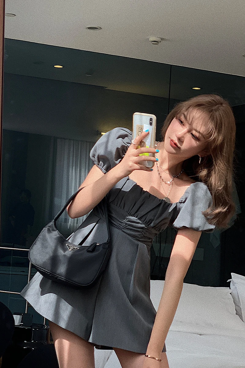 

High Waist Pleated Wide Leg Shorts Women's Spring 2020 Puff Sleeve Waist Hugging off-Shoulder Jumpsuit