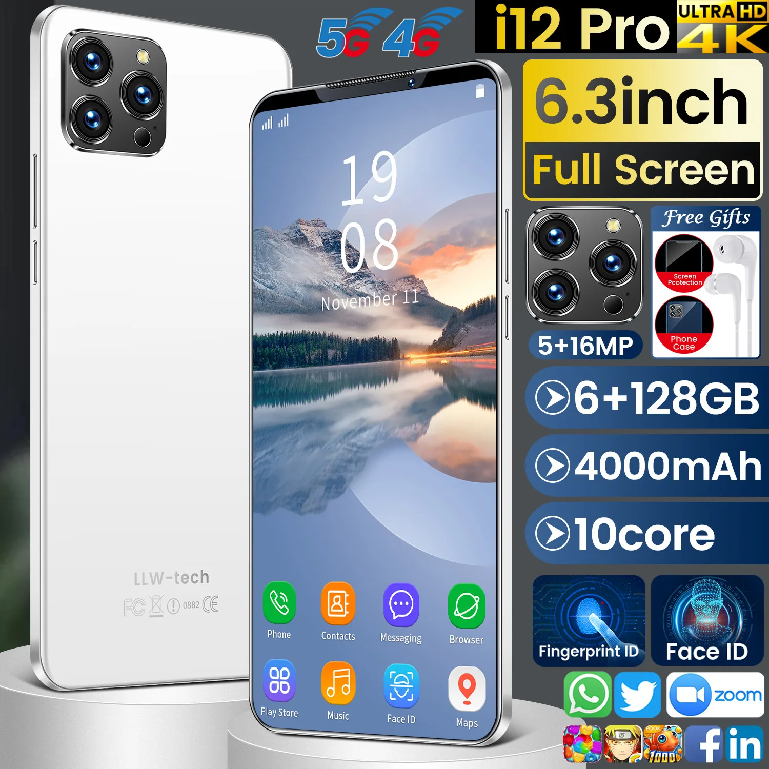 

i12Pro 6.3 Inch U-Screen Smartphone 4000mAh 6+128G Support Face Unlock Dual SIM Network Android10.0 camera 5.0MP Global Version