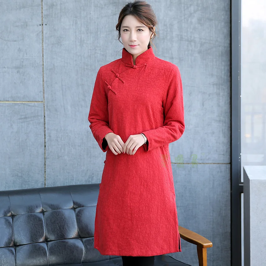 

New Brand Ladies Long Winter Warm Coat Women Mandarin Collar Handmade Button Jacket Women's Cotton Parka Female Jackets
