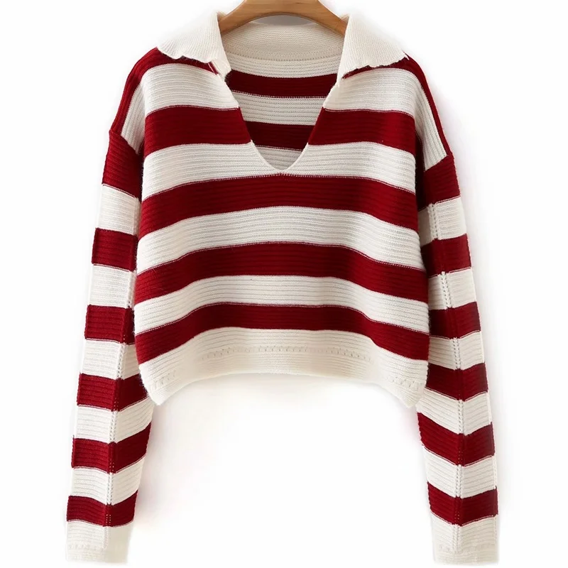 

ZXQJ 2021 Модный женский Свитер оверсайз в полоску вязаный винтажный с V-образным вырезом и длинным рукавом женские шикарные топы