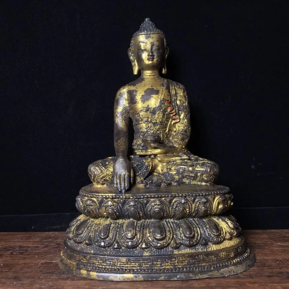 

8"Tibetan Temple Collection Old Bronze Gilt Cinnabars Shakyamuni Buddha Sitting on a double lotus platform Amitabha Enshrine